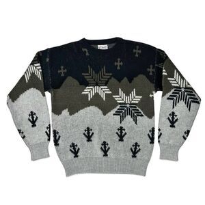 Vintage Circuit Grey Knit Sweater Fair Isle Snowflake Tree Men Sz M